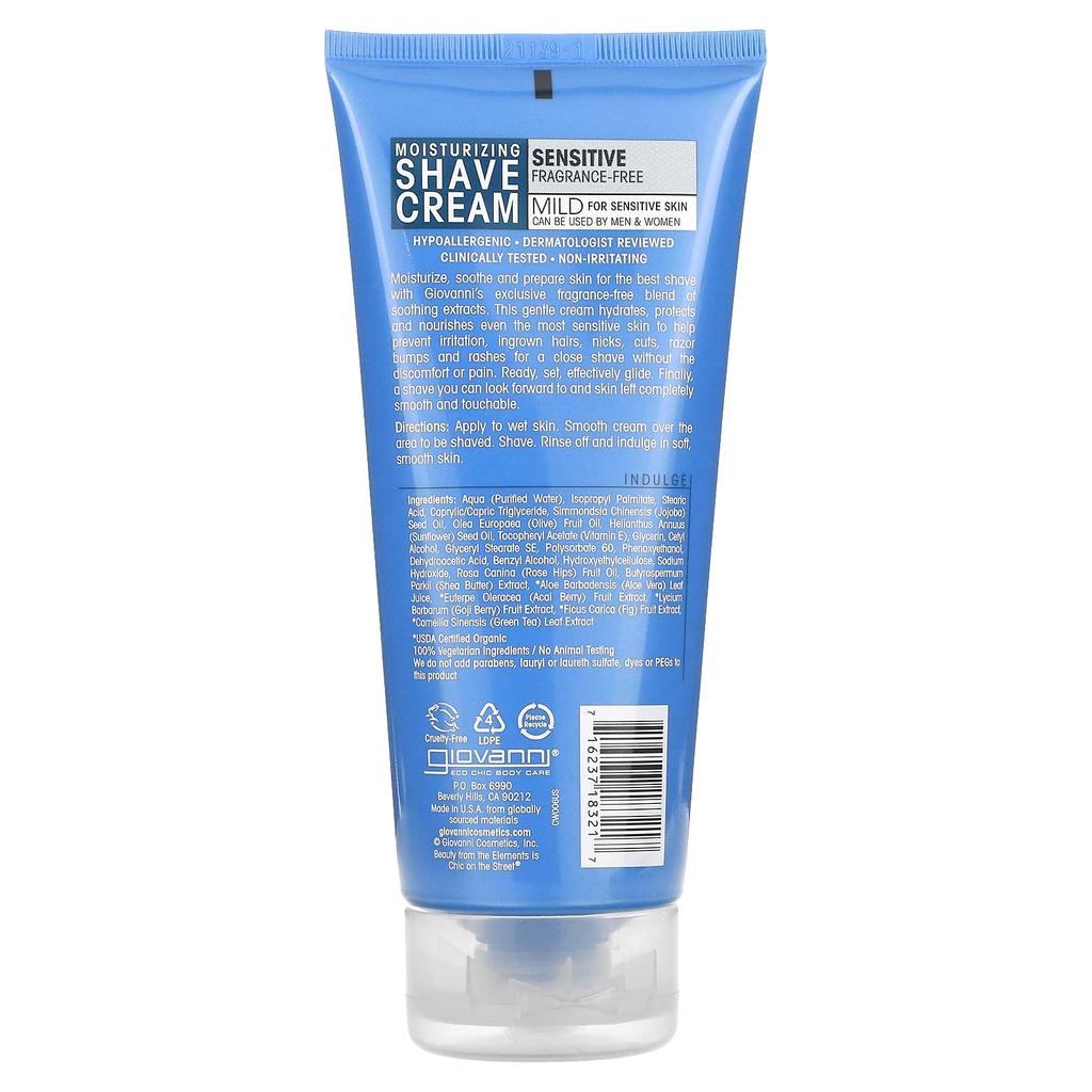 Giovanni Moisturizing Shave Cream, Mild, For Sensitive Skin, Unscented, 7 Fl Oz (207 Ml)