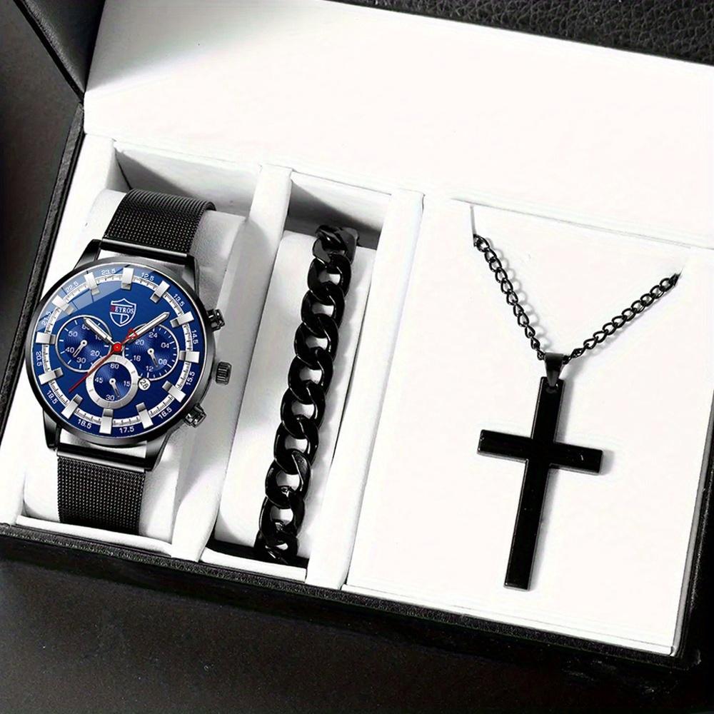 3ST Set Mode Business Guld Lyx Herrklocka Rostfritt stål Mesh-rem Datum Herrklocka & Armband & Korshänge, Herrpresenter