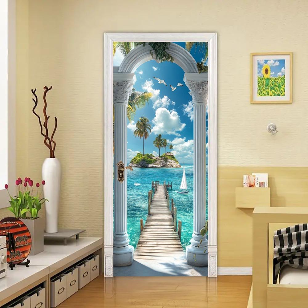 Ruhige tropische Küste, sonnenbeschienen, perfekt für die Schlafzimmerwanddekoration: Selbstklebende PVC-Wandaufkleber im modernen Design und künstlerische Türaufkleber