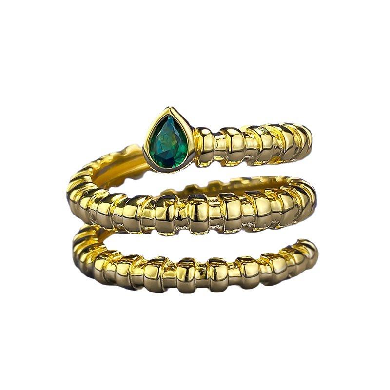 Xiancan Jewelry 2024 Women's S925 Silver Gold-Plated Snake-Shaped Ring with Simulated Emerald Cut.