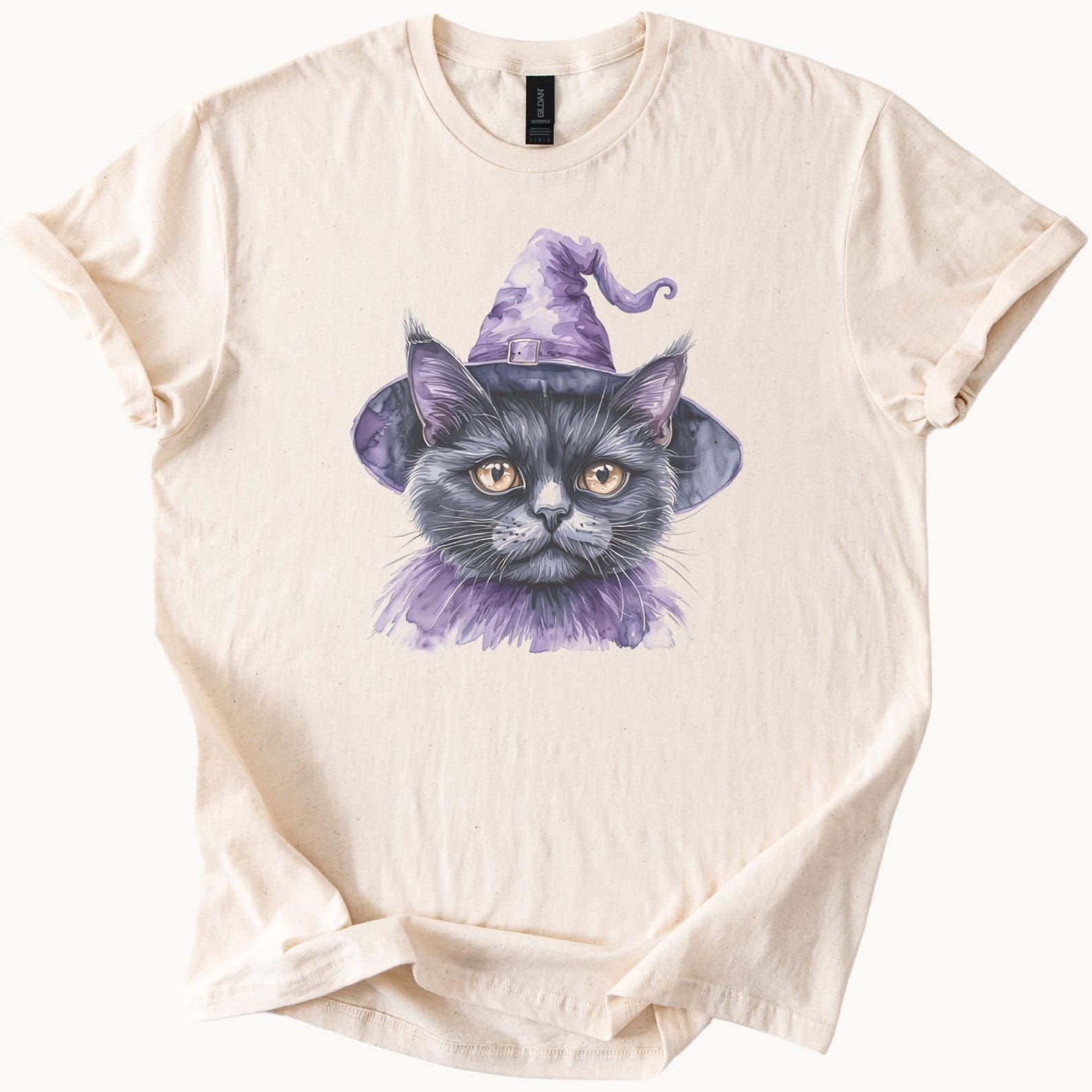 Black Cat in Purple Witch Hat Watercolor Halloween Cat Lover Graphic Tee Cute Cat Art Shirt for Men Fall Fashion Gift 160