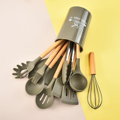 12Pcs Silicone Utensils Set  Non-Stick Cookware Wooden Handle Spatula Shovel Egg Beaters Kitchenware Kitchen Accessories