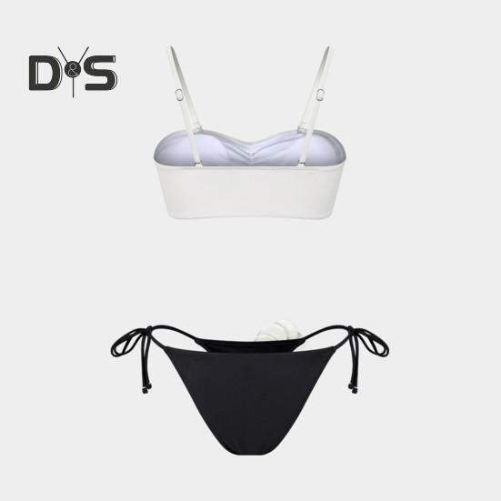 2Pcs/Set Women Bikini Set Sling Flower Decor Bra Lace-Up Briefs Set Three-Dimensional Flowers Adjustable Shoulder Straps Swimsuit