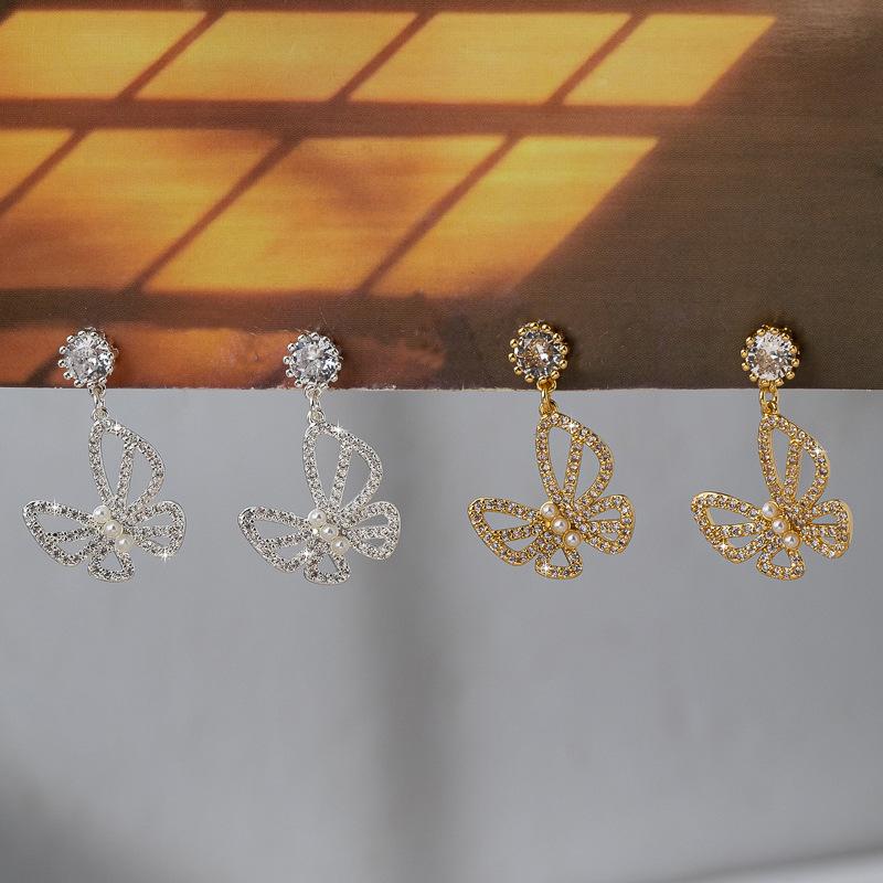 Pearl butterfly earrings women's zircon hollow high-end light luxury earrings exquisite and sweet personality fashion temperament earrings
