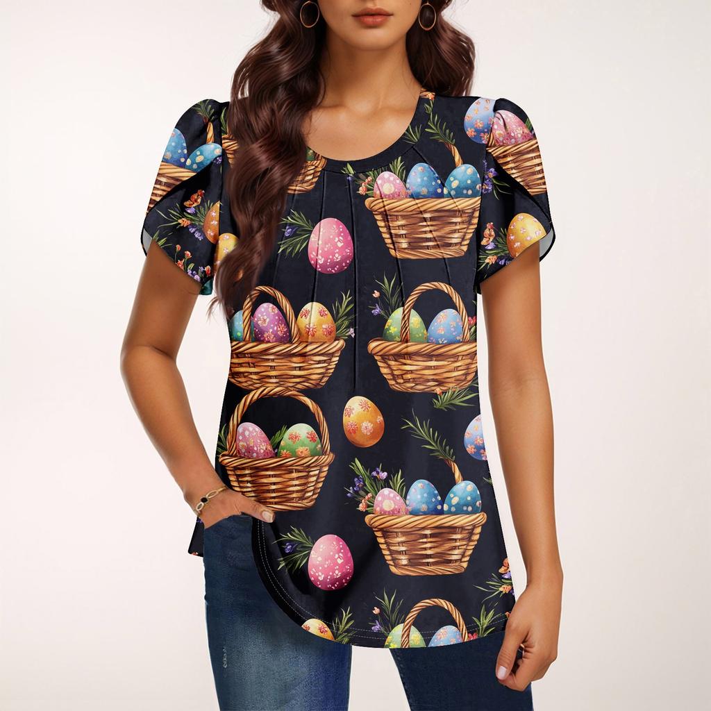 Women's Fashionable Round Neck Short Sleeve Printed Casual Basic Pleated Pullover T-shirt Top