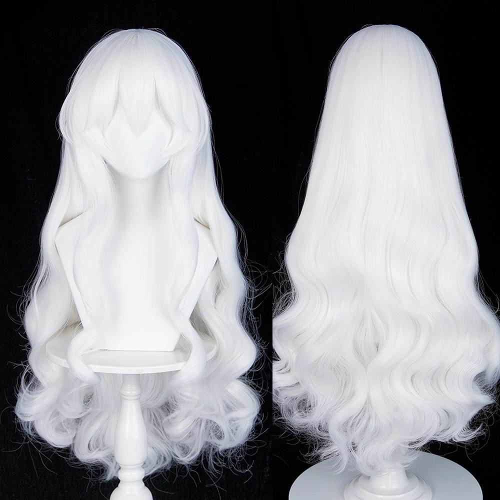 Perruques Synthétiques Blanches Longues Ondulées Anime Jeu Cosplay avec Frange Moelleuse Résistante à la Chaleur pour Fête Quotidienne