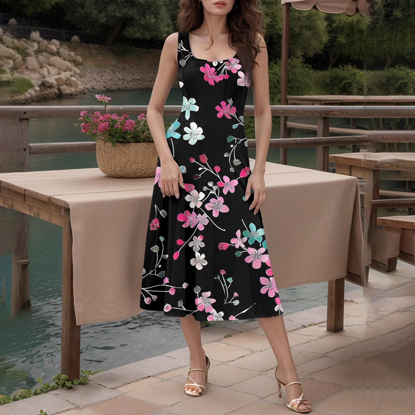 

Women s Casual Fashion Round Neck Sleeveless Printed Side Pocket Midi Dress L чёрный