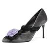 96502 high heels women's thin heels 2025 new French color matching pointed head light mouth suede temperament flower single shoes