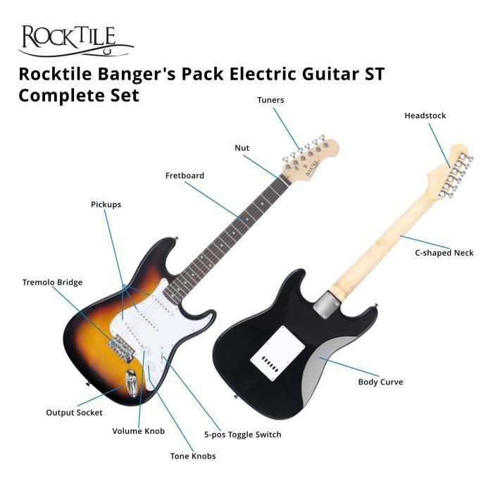 Guitare électrique - rocktile - banger's pack - sunburst - kit complet avec ampli 25w - 7 pièces