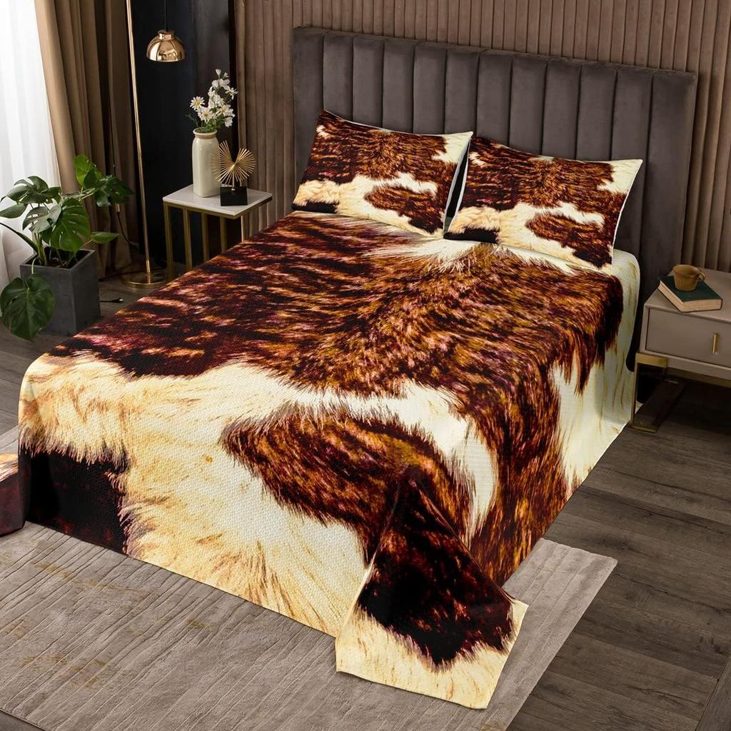 Cowhide Coverlet Set Farm Animal Fur Bedspread Queen/Full for Boy Girl Bedroom 2/3 Pcs Western Rustic Cowboy Farmhouse Quilt Set