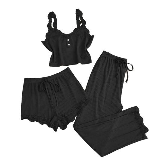 Women s 3 Piece Pajamas Set Ribbed Knit Lace Trim Cami Shorts S чёрный