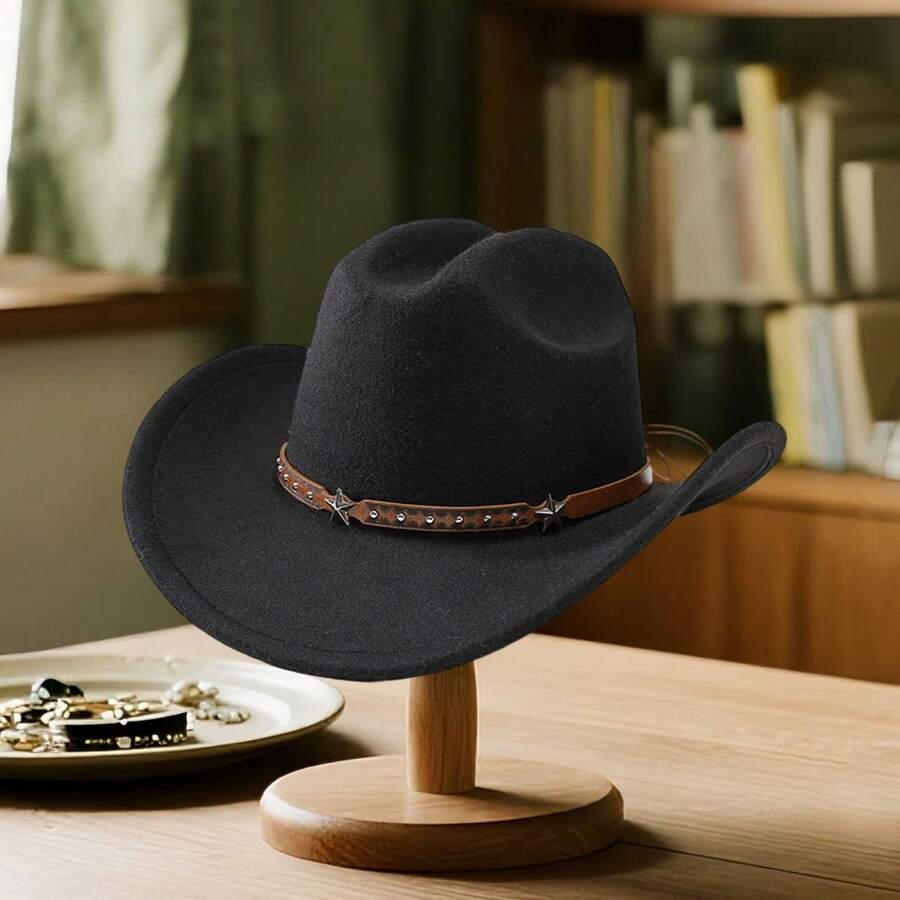 Unisex Western Cowboy Hat With Star Studded Leather Belt Wide Brim Felt Fedora For Men Women