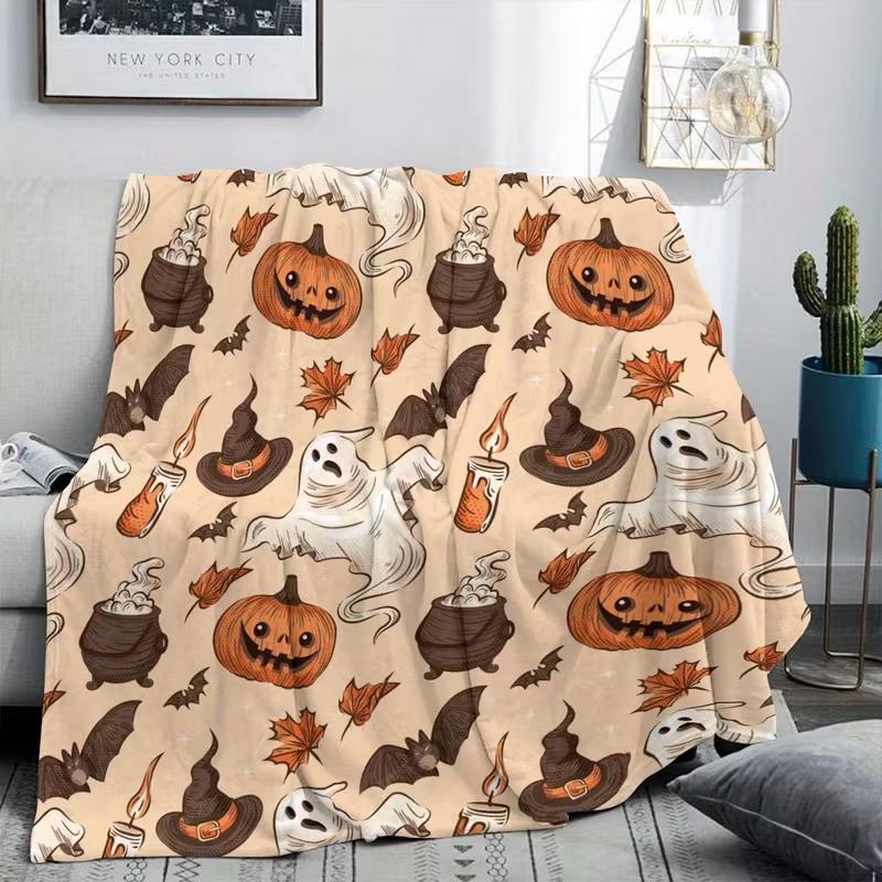 1 Stück Halloween-Themen-Patchwork-Decke mit Geistern, Kürbissen, Fledermäusen & Mehr Weiche, Warme Flanell-Kuscheldecke für Gemütliche Nickerchen, Campingdecke