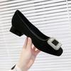 Low-heeled single shoes women's 2025 new spring and autumn women's shoes rhinestone buckle French square head shoes black thick-heeled high heels