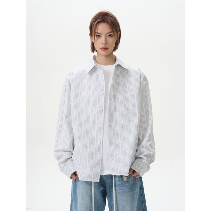 Kisko American Retro Light Blue Versatile Loose Long-Sleeved Shirt Men's High-End Work Clothing Casual Shirt Jacket