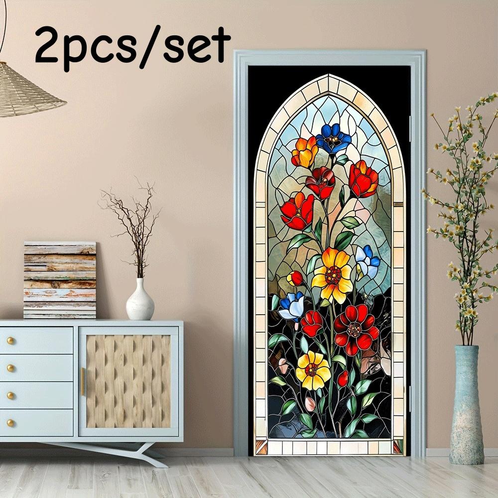 

2pcs colored glass style floral wall stickers European retro church window decoration stickers self-adhesive removable living ro (as the picture,38.5x200cmx2)