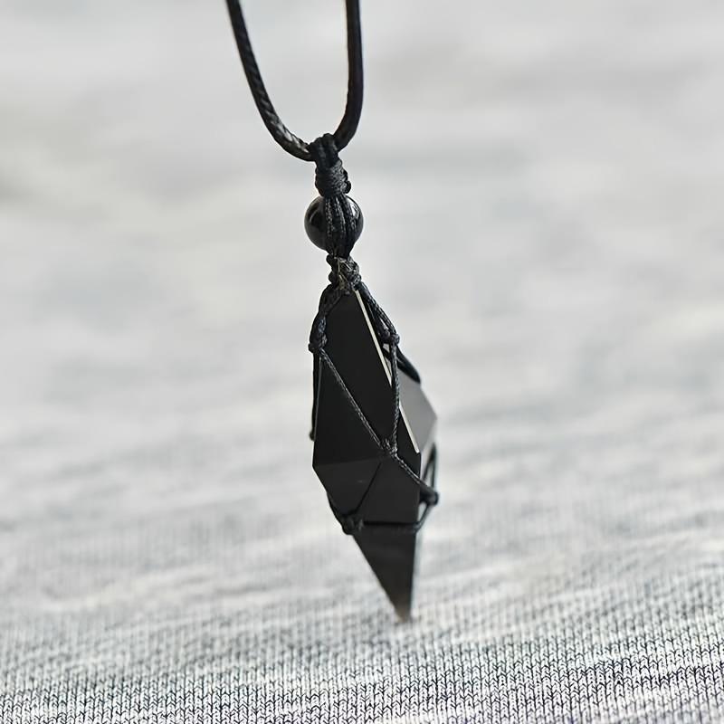 Unisex Natural Obsidian Rhombus Pendant Necklace – Woven Rope Crystal Jewelry, Personalized Fashion Couple Gift.
