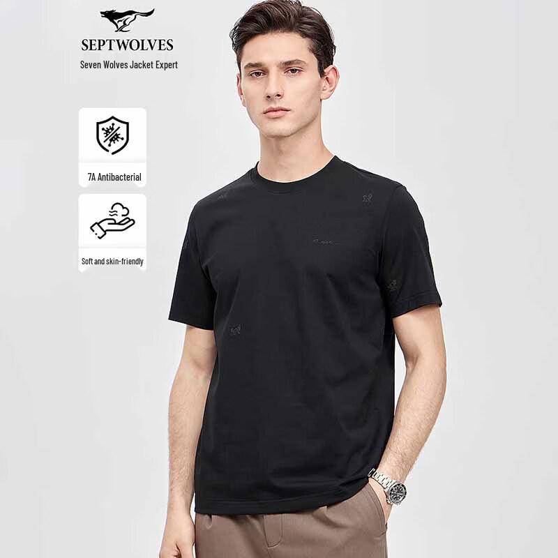 SEPTWOLVES Men s Embroidered Ice Silk Round Neck T-shirt XXL