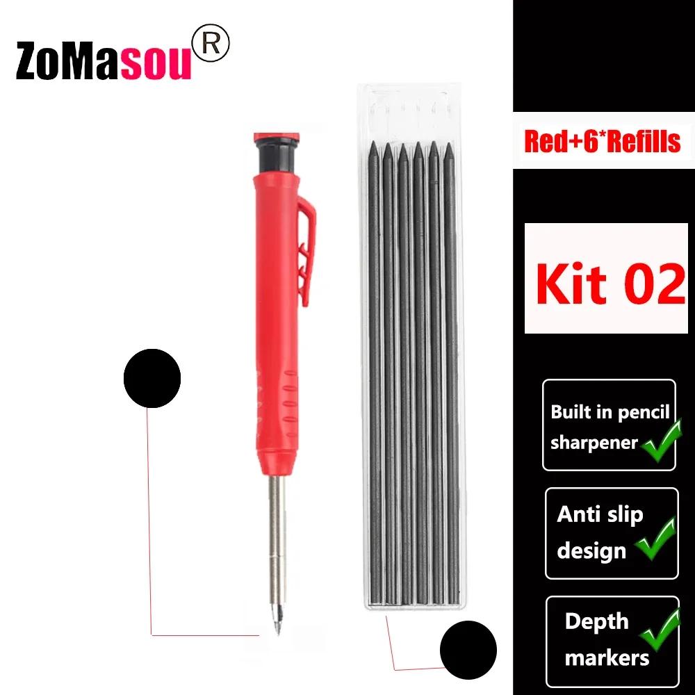 Reuseable Long Head Deep Hole Markers Pen Pencils Solid Carpenter Refill Leads Built-in Sharpener Woodwork Construction Tools