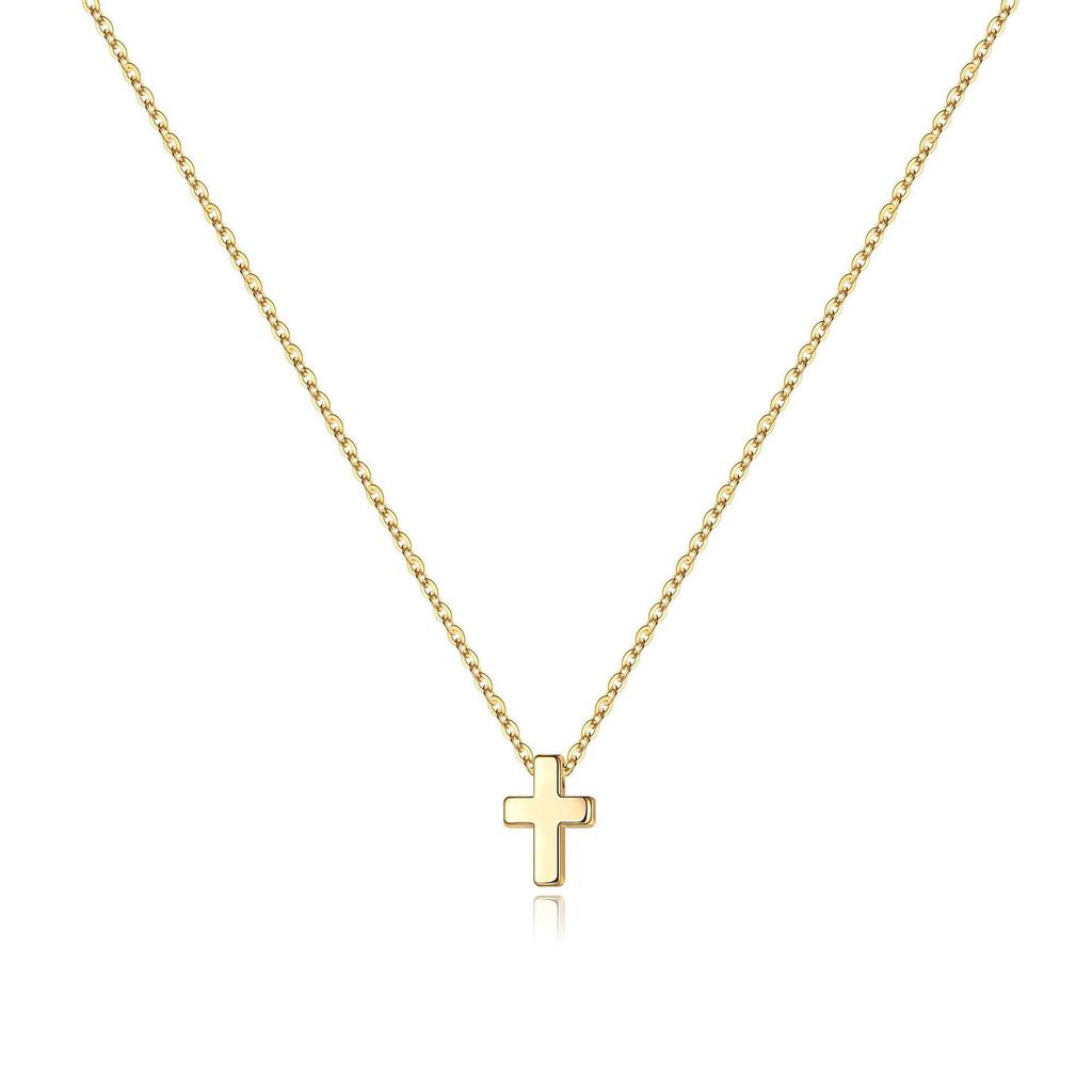18K Gold Mini Cross Pendant On Stainless Steel Box Chain Necklace