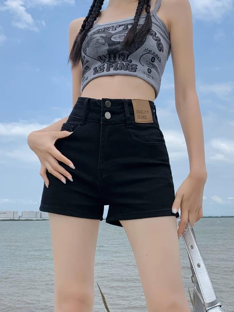 

Женские джинсовые шорты А-силуэта с высокой посадкой - Облегающие, Для миниатюрных, Ретро дизайн с широкими штанинами для лета. M чёрный