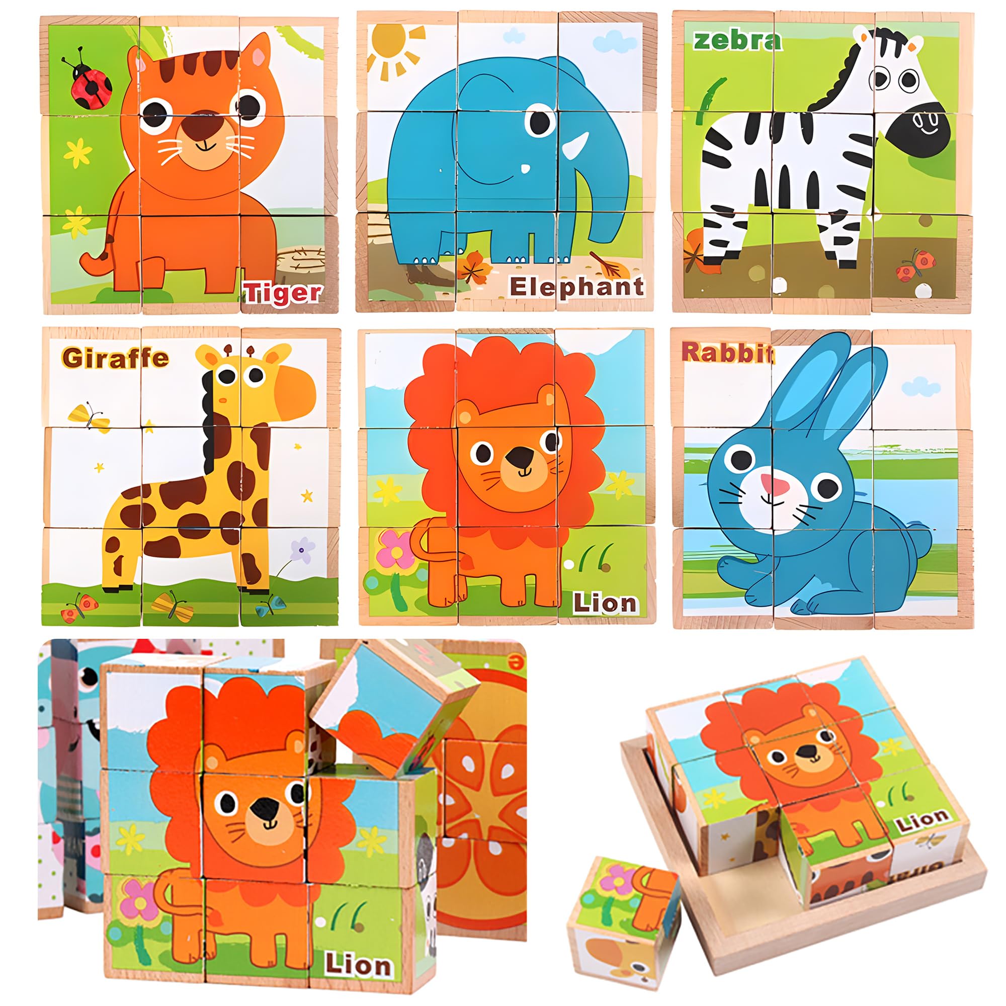 

AAGWW Cube Puzzle, 3D Puzzle Toy, Six-Sided, 9 Wooden Blocks, Multiple Play Styles, Animal-Patterned Wooden Building Blocks, Educational Toy, Wooden