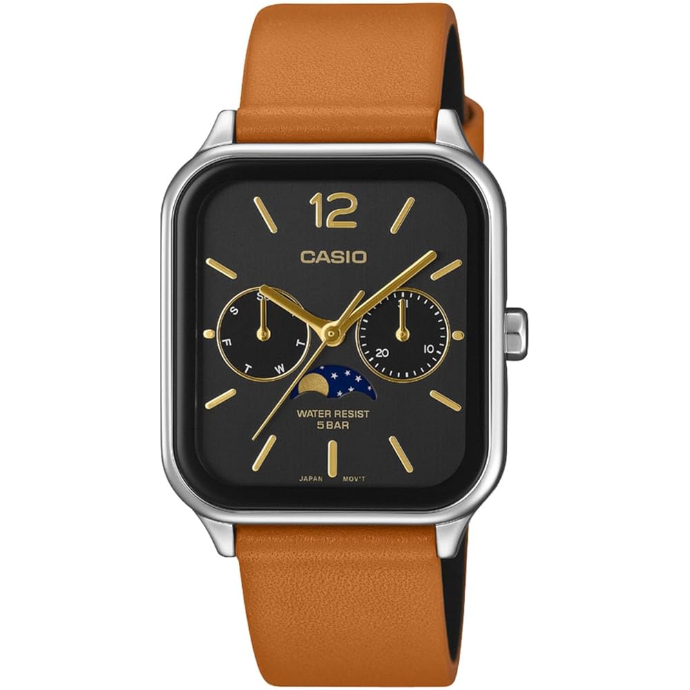Casio Collection MTP-M305L-1AJF Men s Moon Phase Watch Black Brown Leather Strap