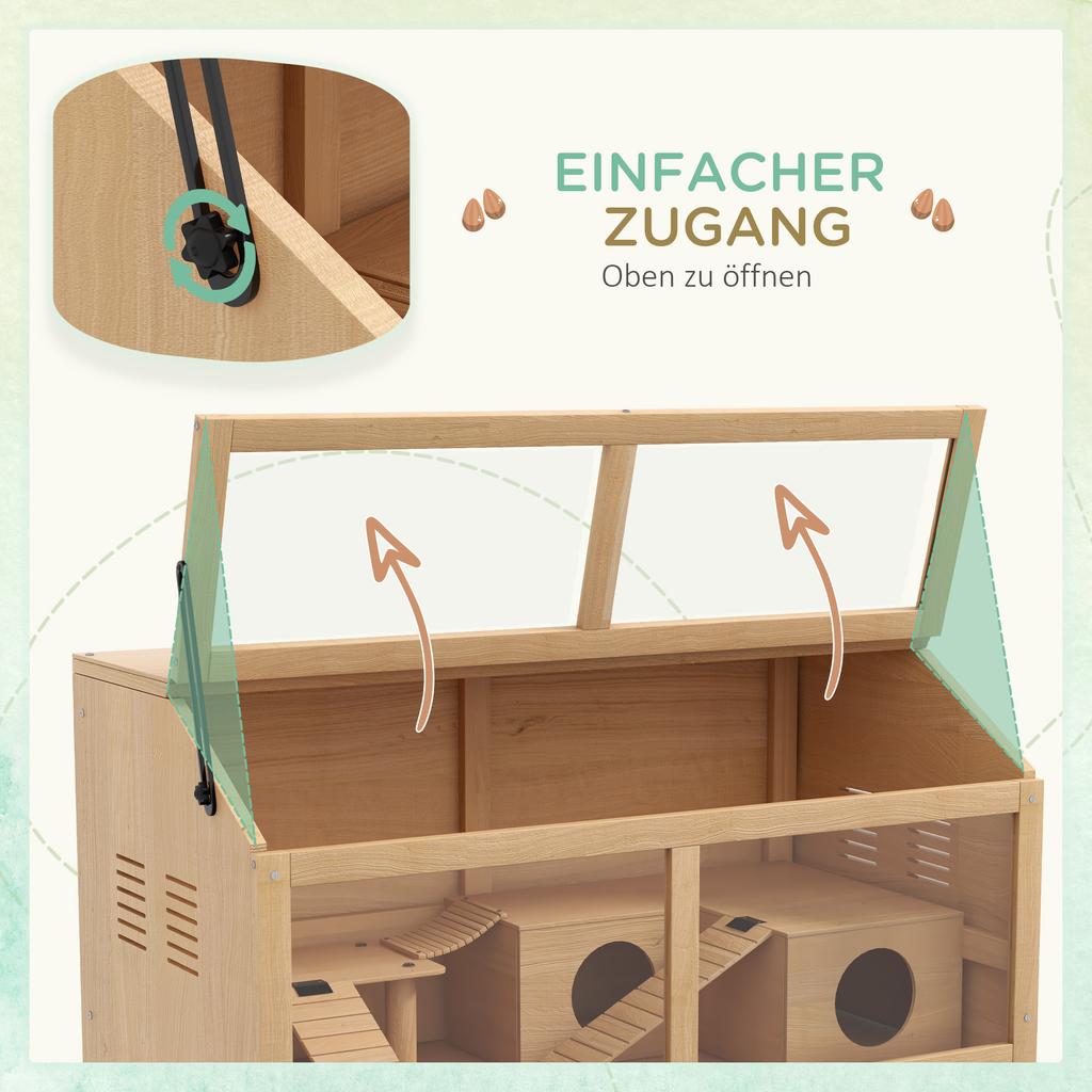 Hamster Cage, Wooden Small Animal Cage for Gerbils, Mice W/ Suspension Bridge, Openable Top, Hut, 85 X 45 X 44cm Nature