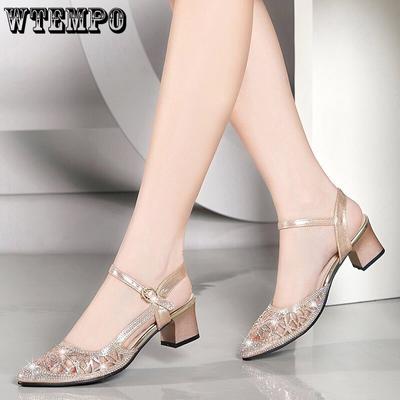 WTEMPO Mesh Sandals Women's Pointed Toe Thick Heel Rhinestone Buckle Fashion Breathable Versatile Solid Color Anti Slip and Comfortable High Heels