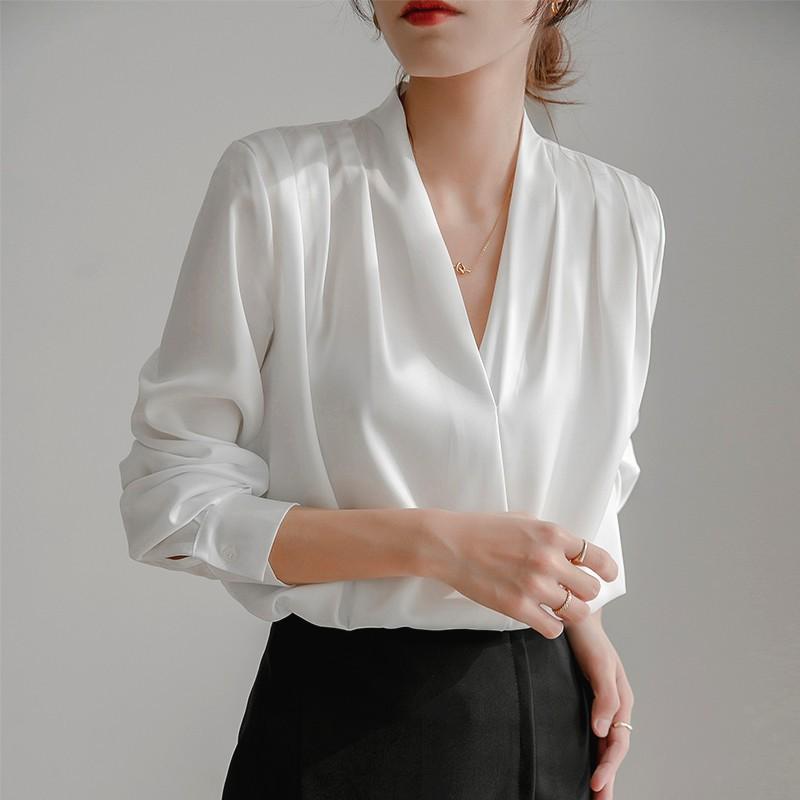 Elegant V-Neck Satin Blouse Women Lightweight Acetate Chiffon Shirt Slim Fit Office Wear 2026