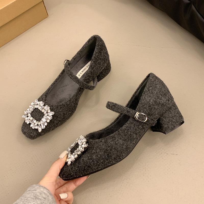 French Temperament Square Head Rhinestone Light Luxury One-word Belt Velvet Mary Jane Shoes Women's Woolen Wool Shoes Women's Winter Wear Single Shoes