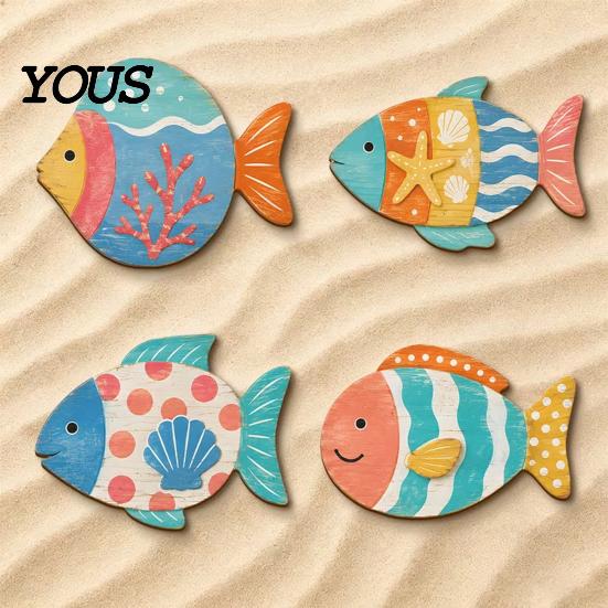 Decorative Wall Hanging Pieces 4PCS Aspen Wood Fish Decor, Colorful Seaside Bathroom Art Art, Beach Theme Plaques for Living Room Vintage Distressed