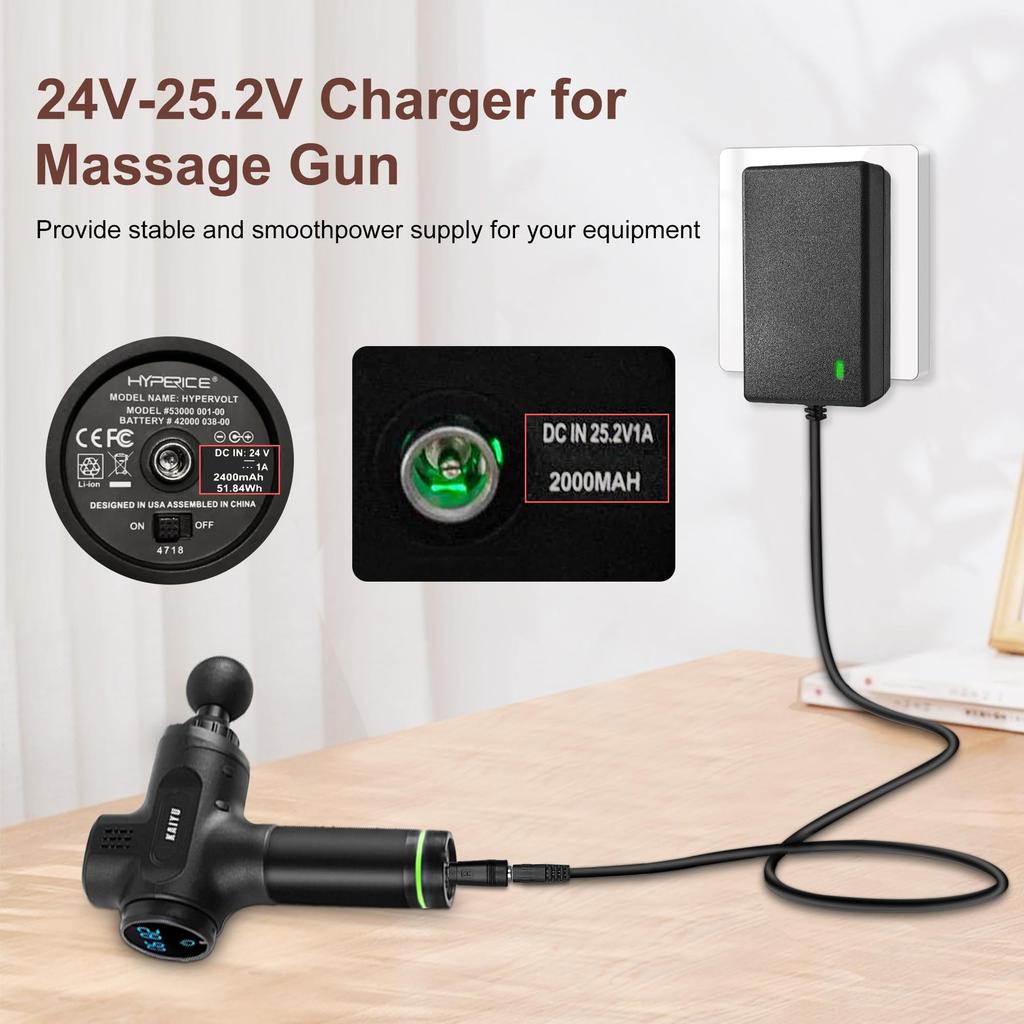 Cordon de chargement de remplacement 24V-25.2V 1A pour pistolets de massage Hypervolt, Hyperice, Toloco, Feeke, Booster Pro, Cotsoco et JUFIT. Compa