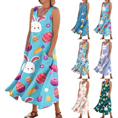Robe d'été décontractée pour femmes, mode pâques imprimée, sans manches, col rond, poches