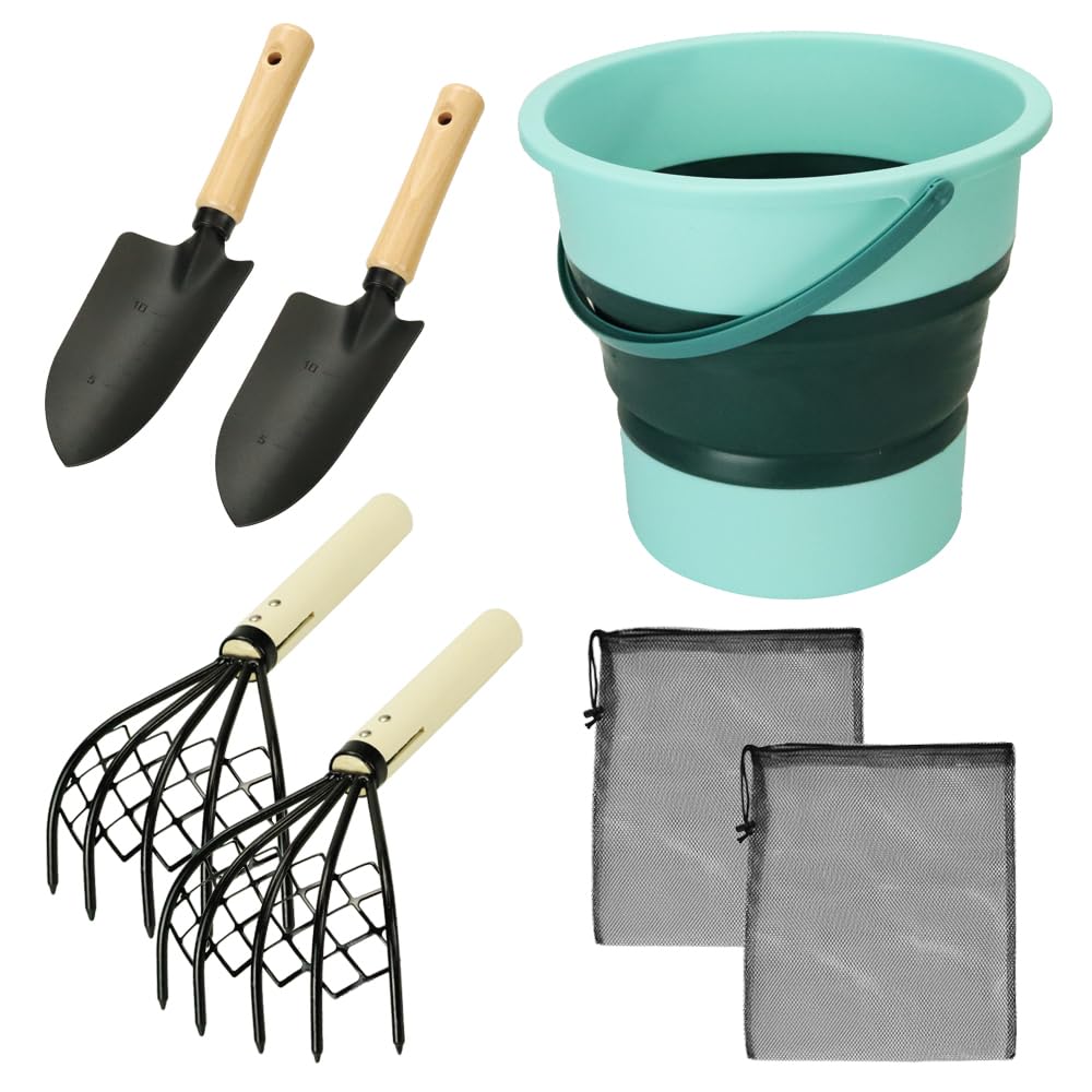 Clam digging kit: Rake, shovel, bucket, clam picking tool, sand rake, clam and cockle digging kit for the whole family (Green)