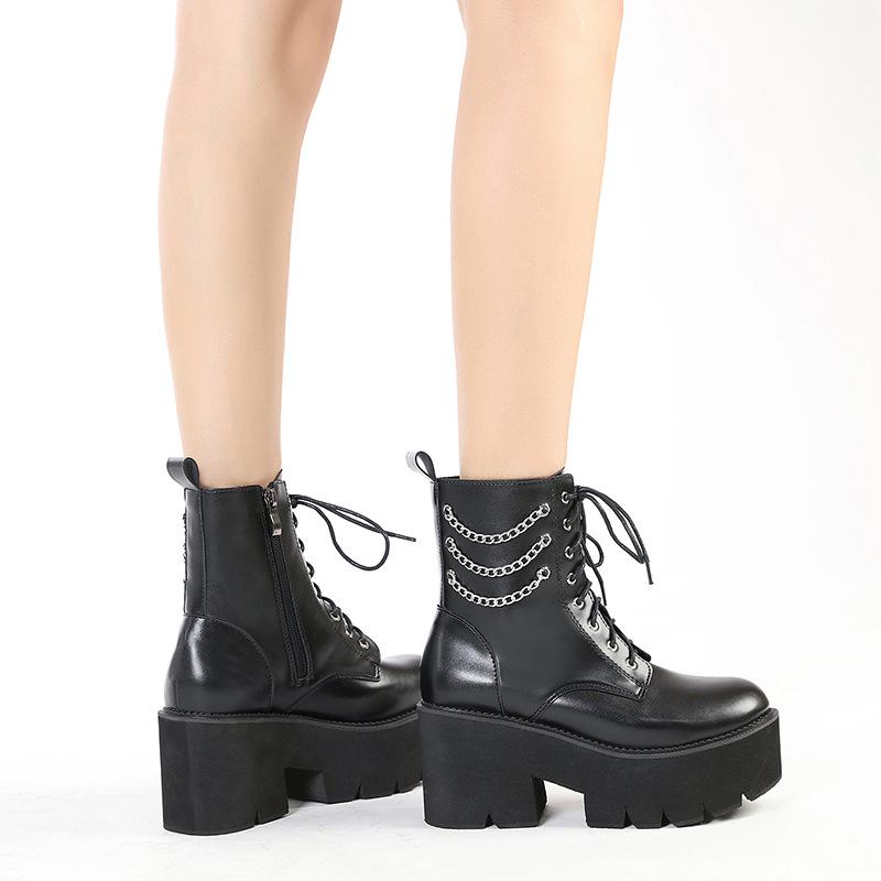 Autumn and Winter Martin Boots Pearl Chain Thick Bottom Side Zipper Women's Boots Front Lace Up Knight Boots Women's