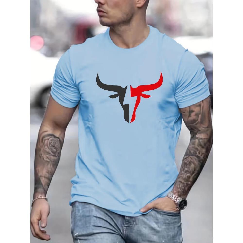 Summer men's 100% cotton comfortable casual loose fit plus size bull pattern print sports round neck short sleeved T-shirt top