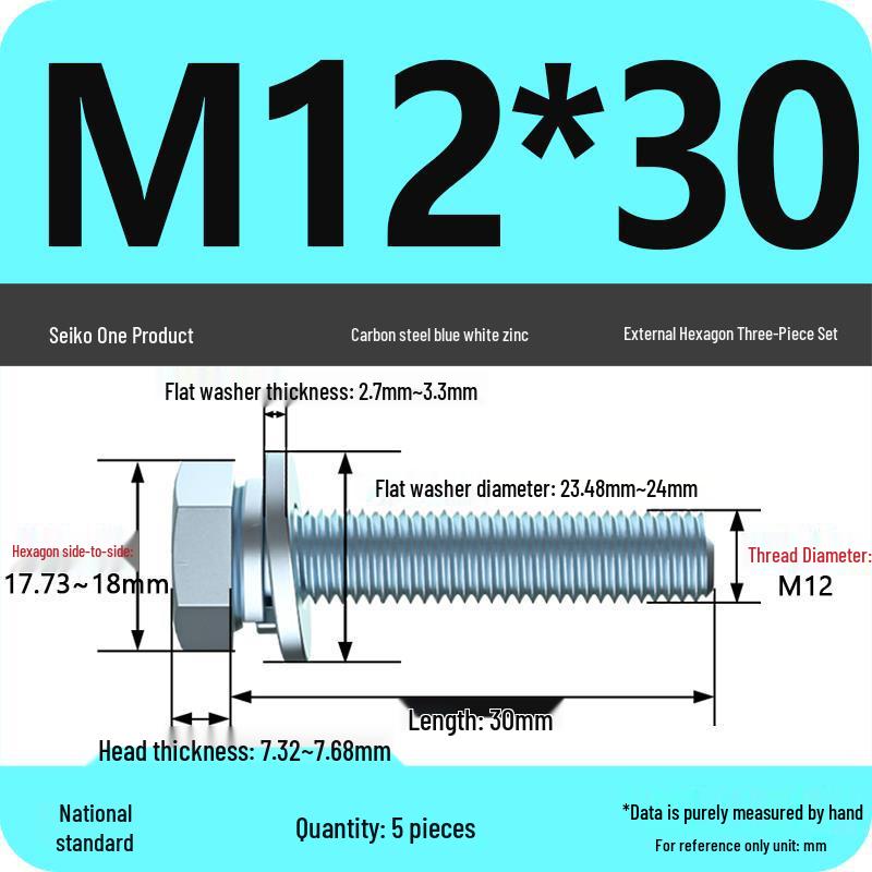 Grade 8.8 Galvanized Hex Bolt Set: Includes Hex Bolt, Spring Washer, Flat Washer (Sizes: M4, M5, M6, M8, M10, M12)
