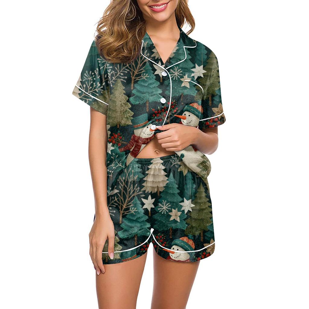 Dammode Lös Casual Topp Shorts Tvådelad Set Jul Tryckt Pyjamas Set