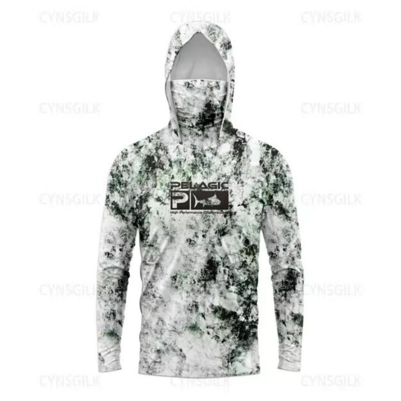 Maglietta da Pesca Oceanica Tuta Solare Manica Lunga Anti-ultravioletti Maschera con Cappuccio UPF 50+