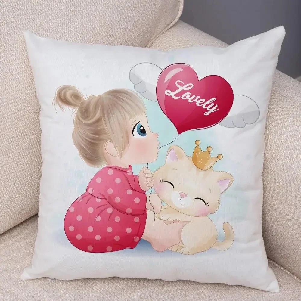 Cute Girl and Cat Pillowcase Decor Cartooncute Children Cushion Cover for Sofa Home Super Soft Peach Skin Pillow Case 45x45cm