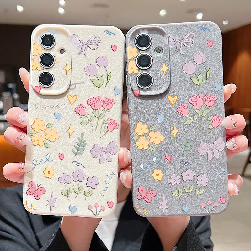 Cartoon Floral Bowknot Print Slim Phone Case For Samsung S25 S24 FE S23 Ultra A36 A56 A16 A55 A26 A35 Leather Texture TPU Soft Shockproof Matte Cover