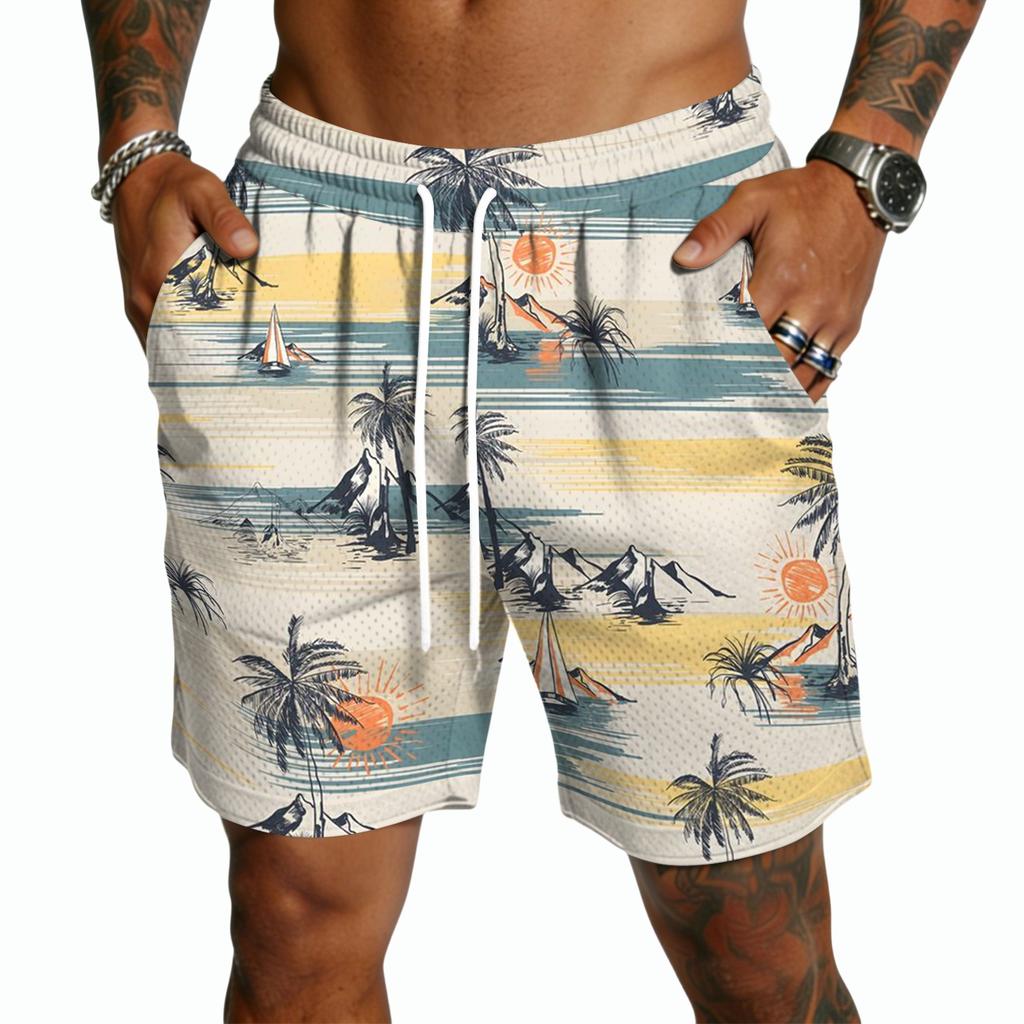 Herren Freizeitshorts mit Kordelzug Leichte Schnelltrocknende Fünf-Punkt-Länge Strandbekleidung Sommerhose mit Hawaiianischem Aufdruck