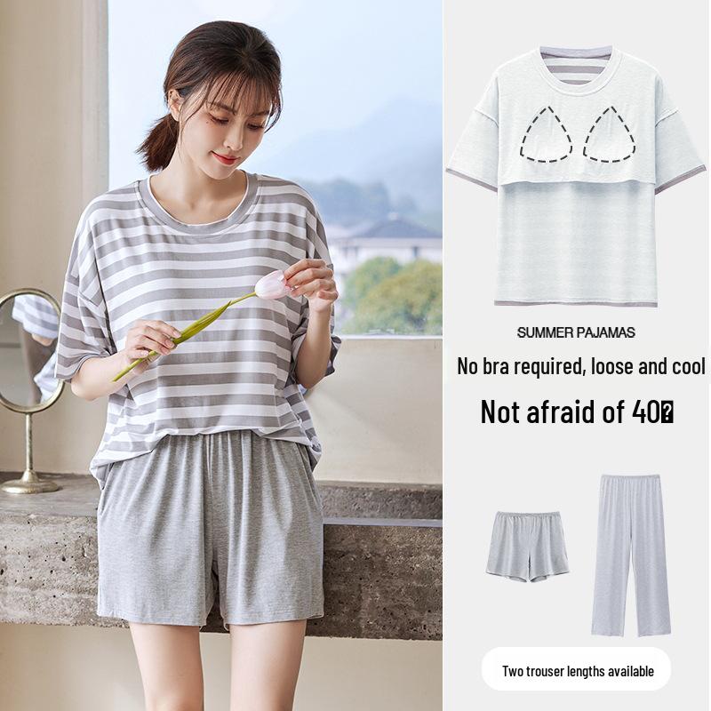 Women's Summer Three-Piece Modal Pajama Set with Bra Pads - Short Sleeve Top, Shorts, and Long Pants for Indoor/Outdoor Wear