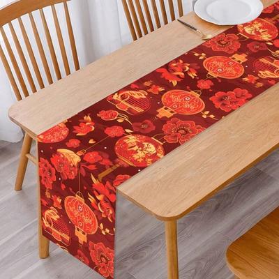 Red Golden Color New Year Table Runner Lantern Print Rectangular Shape Table Runner Horse Design Chinese Style Tablecloth