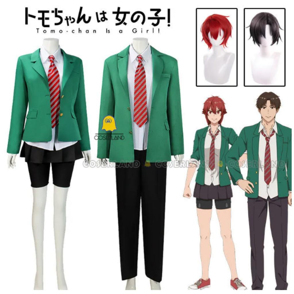 Anime Tomo-chan Is A Girl! Tomo Aizawa Junichirou Kubota Cosplay Costume Wig Green Outfit School Uniform Skirt Spats Men Women