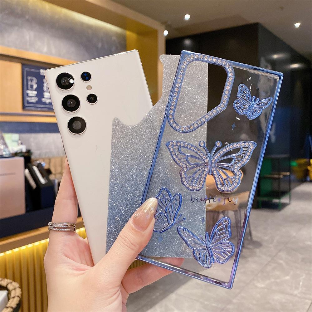 Suitable for Samsung S25 Ultra Mobile Phone Case Electroplated Flash Powder Rhinestone Butterfly S24 Anti Fall A26 Anti Fall Soft Case