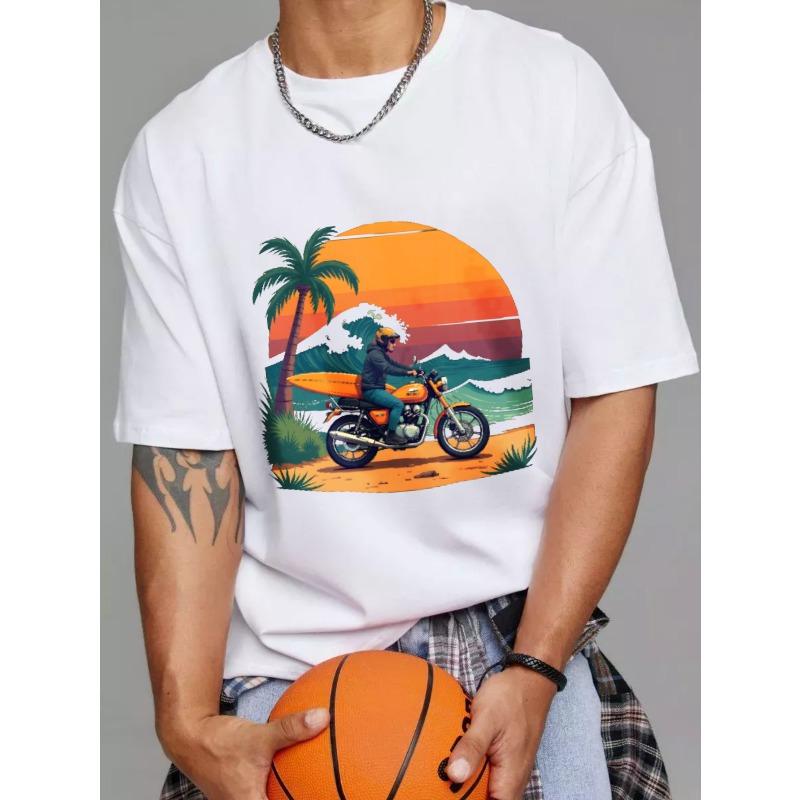 White T-Shirt with Motorcycle and Palm Tree Sunset Beach Scene Print for Casual Wear