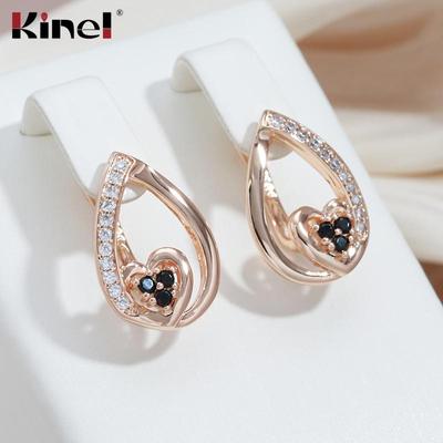 Kinel Heart Rose Gold Drop Earrings With Shiny Black Zircon