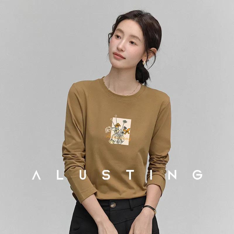 

Women s Vintage Floral Print Long Sleeve T-Shirt Casual Crew Neck Basic Top • L світло-коричневого кольору